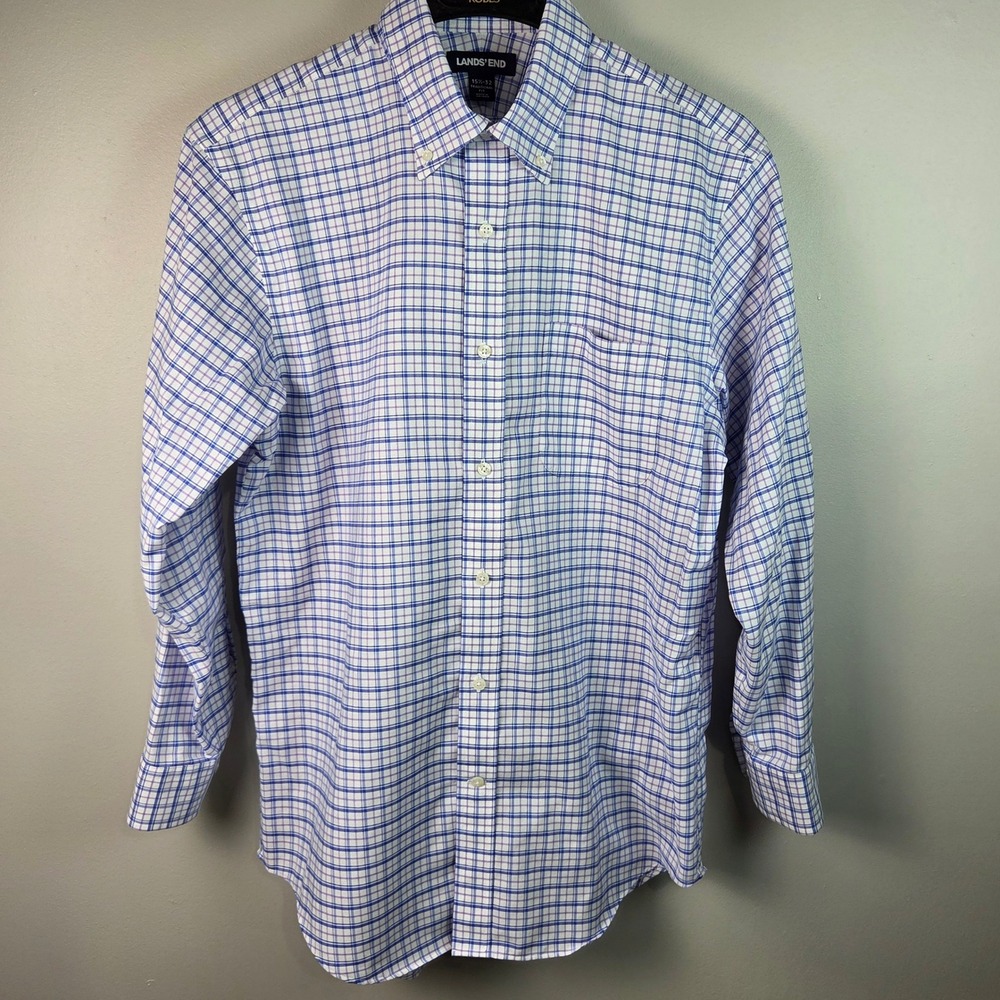 Lands' End Oxford Shirt Mens 15.5-32 Blue Purple Plaid Excellent Supima No Iron